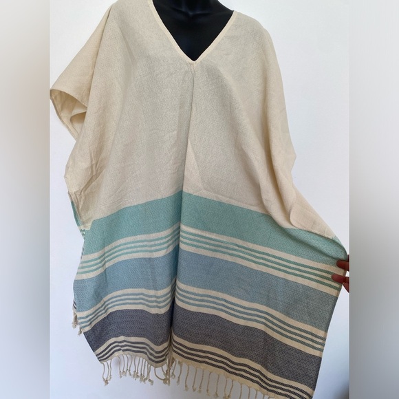 Tribe Alive Womens Size OS Cream & Blue Striped Fringe Poncho Beach Coverup - Picture 5 of 6
